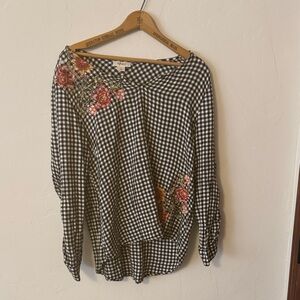 Style & Co. Black and White Checkered Blouse with Red Floral Embroidered Accents